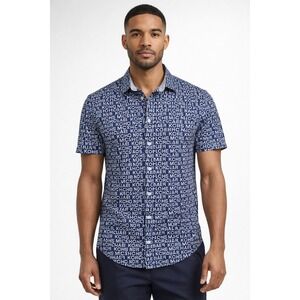 Michael Kors Button Up Shirt Mens Small Blue Logo Print Classic Fit Short Sleeve